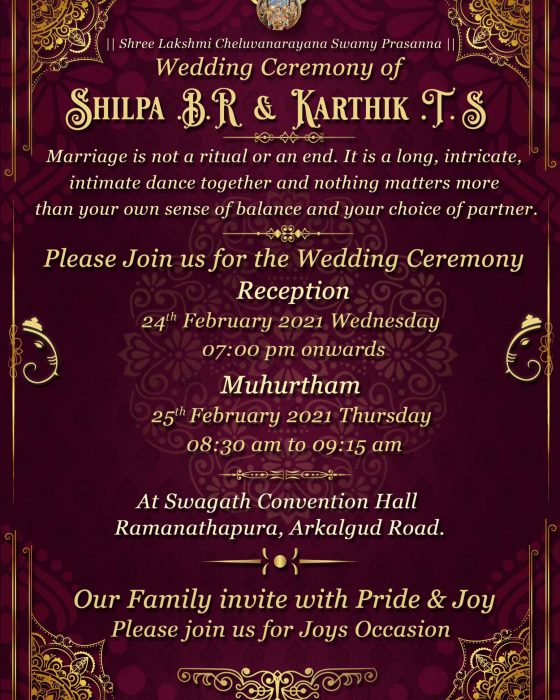 Shilpa.B.R Akka & Karthik.T.S Sir Kannada Digital Wedding Invitation Card Templete Maroon Colour Mahaajana Group Incredible Mission Team IM RastraKooota